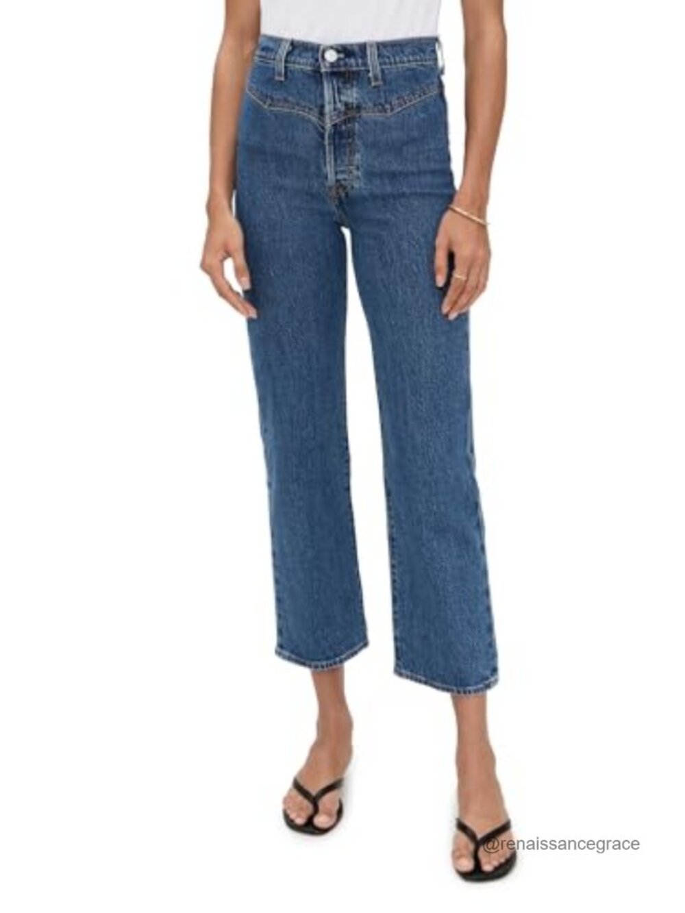 High Rise Straight Leg Jeans Western Yoke Cotton Blend